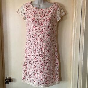 Elegant Lace Mini Dress - Cream and Pink